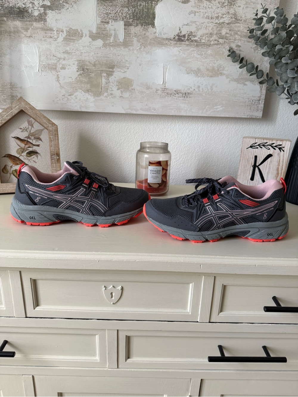 Asics Dark Gray and Coral Pink Trail Running Sneakers - Picture 3 of 13